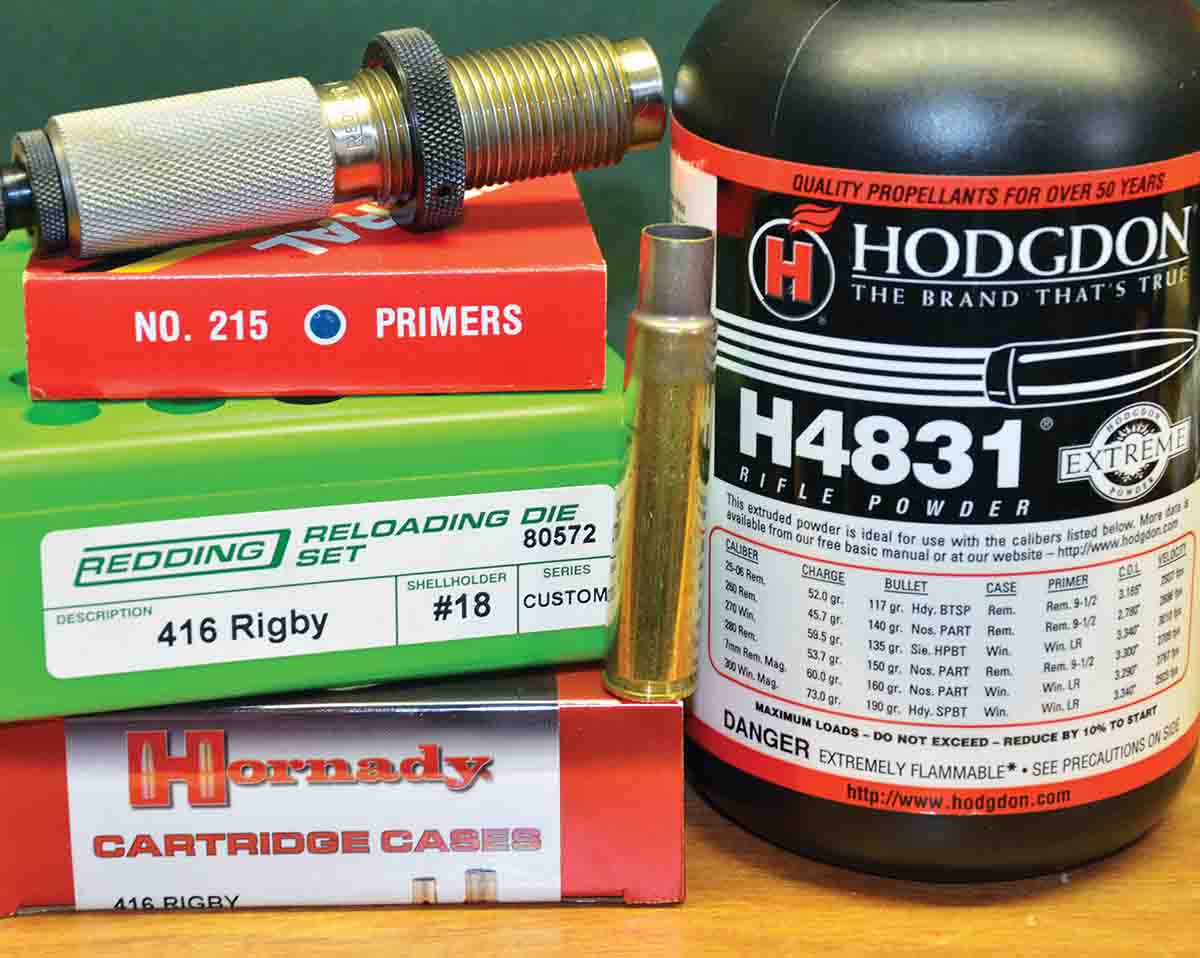 Beginning with the first hunt with the .416 Rigby in 1988, H-4831 has been a favorite powder for it, and the later  Extreme version is even better due to lower velocity variation when subjected to wide swings in ambient temperature. Federal 215 primers do a great job of uniformly igniting huge charges.